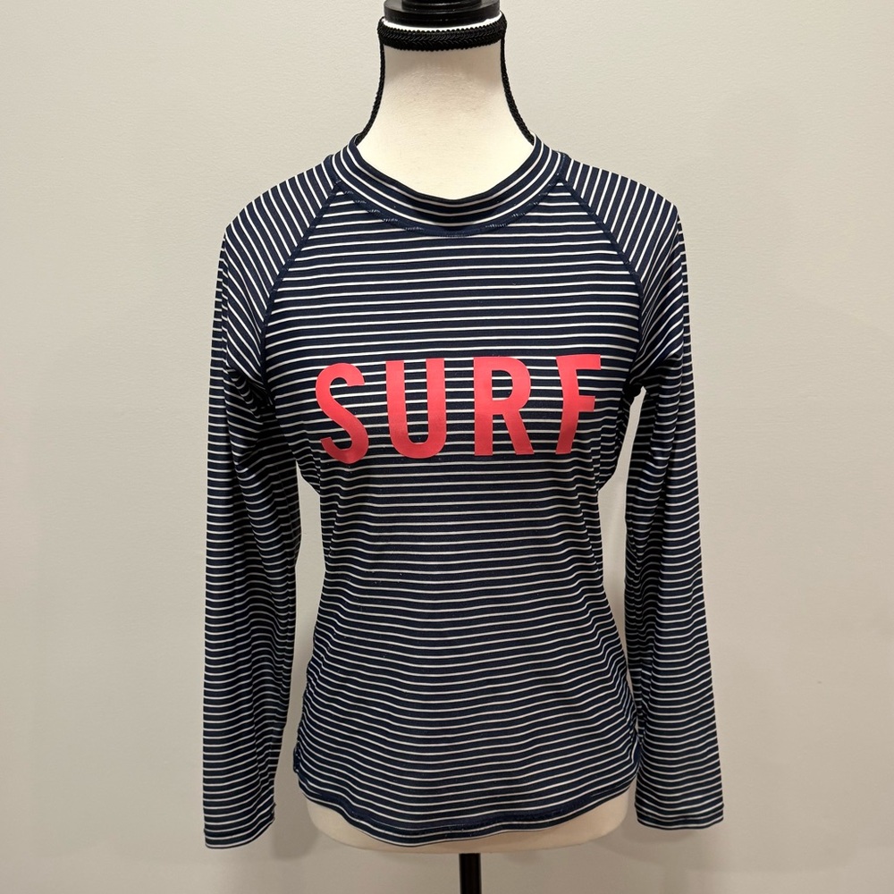 GAP Navy & White Striped Long Sleeve Rash Guard Swim Shirt – “SURF” Graphic – M